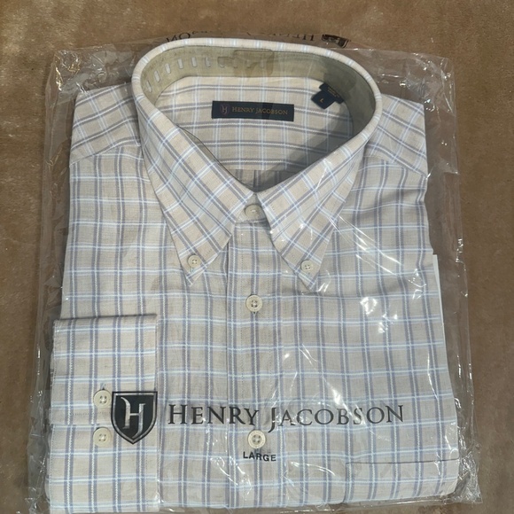 New Henry Jacobson, size Large, 100% cotton taupe plaid woven sport shirt - Picture 3 of 4